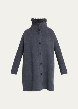 Yves Salomon Goat Shearling Collar Oversized Wool Knit Coat
