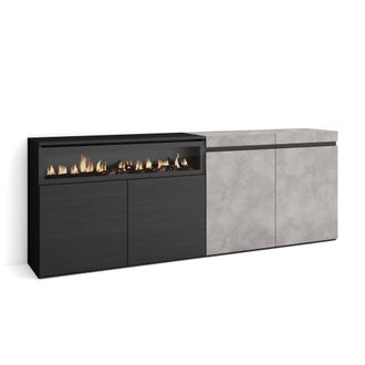 Skraut Home Aparadores Para Sal&oacute;n, Gran Capacidad De Almacenaje, 200x75x35cm, 4 Puertas, Chimenea El&eacute;ctrica, Estilo Moderno, Gris Cemento - Skraut Home