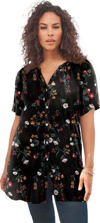 Roaman's Plus Size Angelina Crinkle Crepe Y Neck Short Sleeve Tunic in Black Flower Stems at Nordstrom, Size 34