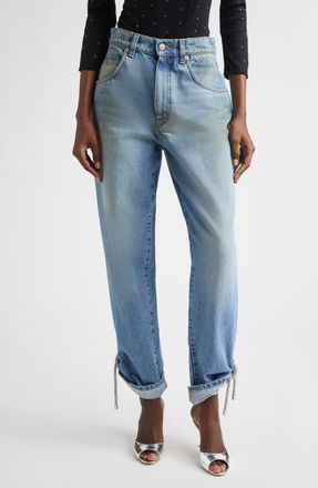 Area Crystal Knot Straight Leg Jeans in Medium Blue at Nordstrom, Size 28