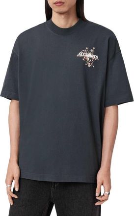 AllSaints Valen Oversize Floral Logo Graphic T-Shirt in Washed Black at Nordstrom, Size X-Small