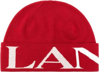 Lanvin Wollen Geribbelde Muts met Logo Print - Dames - Hoeden - Rood - ONE Size - Wol - Accessoires