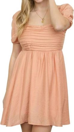 Blu Pepper Pleated Bodice Short Puff Sleeve Mini Dress In Light Apricot