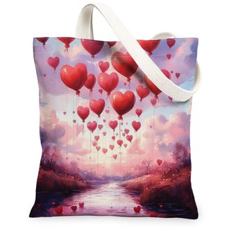 Generic Valentines Day Hearts Canvas Tote Bags, Charming Balloon Design Reusable Shopping Bags, Lightweight Washable Shoulder Strap Canvas for Travel Beach Pi