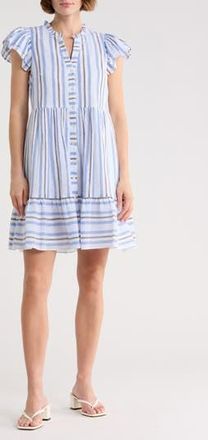 Eliza J Stripe Cap Sleeve Button Front Dress in Ivory Blue at Nordstrom Rack, Size 10