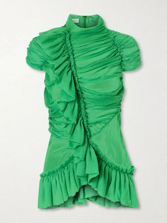 Dries Van Noten Blusa In Chiffon Di Seta Con Ruches - Verde