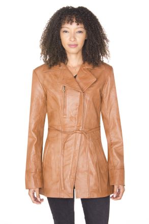 Infinity Leather Womens Long Biker Jacket-Muscat - Tan Nappa Leather - Size 22 UK
