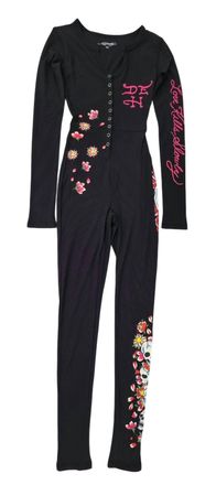 Ed Hardy Womens Flower Skull Long Sleeve Pajama In Black