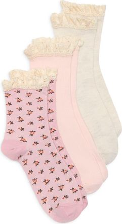 Nordstrom Rack Pack of 3 Ruffle Trim Crew Socks in Dusty Pink Floral Multi at Nordstrom Rack, Size 9/11