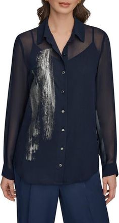 DKNY Metallic Foil Georgette Button-Up Shirt in Nightfall/Gunmetal at Nordstrom, Size X-Large