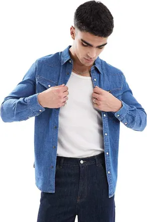 Wrangler western denim shirt in mid wash blue