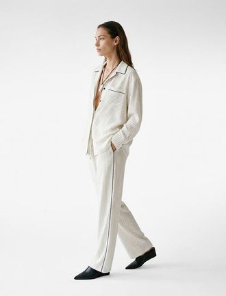 Koton Striped Wide Leg Trousers with Drawstring in White Stripe at Nordstrom, Size 10