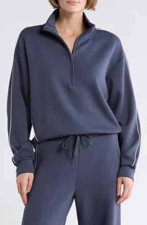 Zella Whisper Piped Knit Quarter Zip Sweatshirt in Navy Armada at Nordstrom Rack, Size X-Small