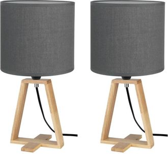 Forlight Nuts (2 unidades) Lámpara de Mesa Nórdica para Dormitorio y Salón. Lámpara para Mesita de Noche de Madera Natural y Textil de Color Gris para