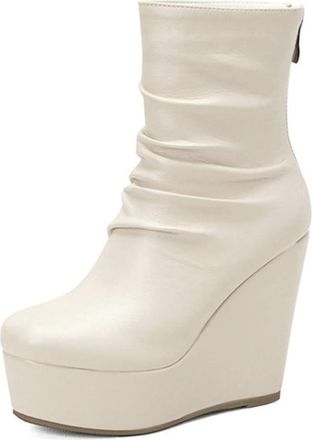 Generic Womens Platform Wedge Ultra High Heel Back Zipper Ankle Boots Fashion Pleated Slouch Shoes for Winter (7.5,White)