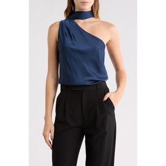 Elodie Tie Neck One-Shoulder Satin Top in Dark Blue at Nordstrom Rack, Size X-Small