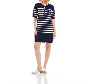 Karen Kane Short Sleeve Henley Sweater Dress In Navy With Off White