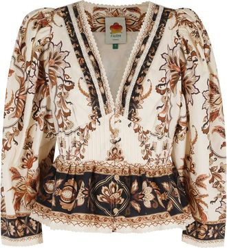 Farm Rio FARM Rio, Blouses, female, Multicolor, Size: XS Majestic Garden Lace Puff Sleeve Blouse