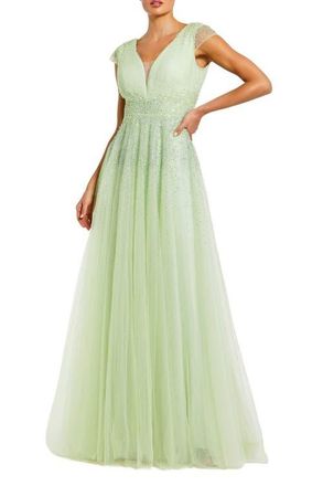 Mac Duggal Embellished Tullle Cap Sleeve V Neck Evening Gown in Sage at Nordstrom, Size 14