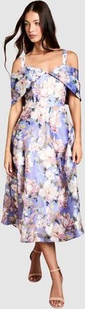 Coast Corseted Bardot Jacquard Midi Dress in Purple at Nordstrom, Size 14