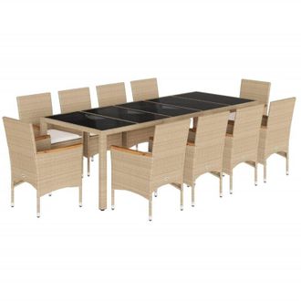 vidaXL Set Comedor Jard&iacute;n 11 Pzas Cojines Rat&aacute;n Sint&eacute;tico Vidrio Beige Vidaxl