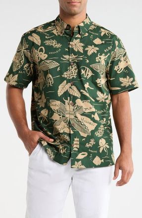 Kahala E Kipa Mai Print Cotton Short Sleeve Button-Down Shirt in Pine at Nordstrom, Size Medium