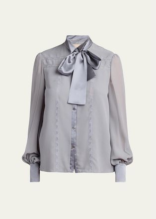 Valentino Garavani Pussy-Bow Collar Silk-Blend Lace Shirt