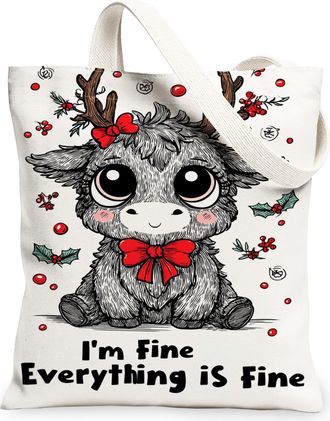 Generic Christmas Reindeer Canvas Tote Bags, Adorable Animal Reusable Grocery Bags, Lightweight Washable Shoulder Strap for Travel, White, 13x15 Inch