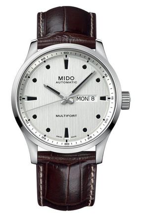 Mido Multifort Leather Strap Watch, 42mm in Silver at Nordstrom