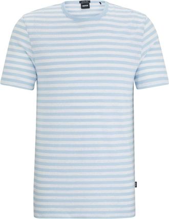 HUGO BOSS Mens Tiburt 457 Striped Linen Short Sleeve Crew Neck T-Shirt, Light Blue/White