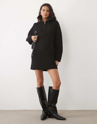 Miss Selfridge vestito corto in maglia grossa con zip corta e maniche a pipistrello nero