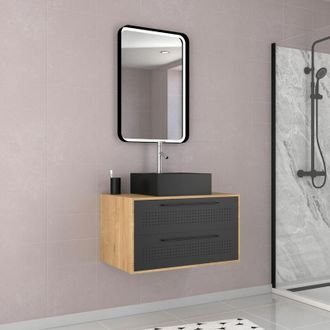 Aurlane Mueble De Ba&ntilde;o 2 Cajones + Lavabo Cuadrada + Espejo Led - Uby 80cm
