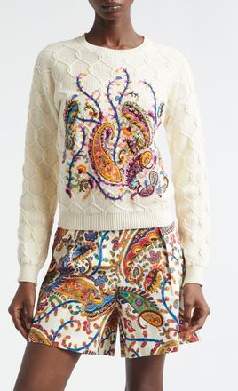 Etro Embroidered Crop Cotton Blend Sweater in Ivory at Nordstrom, Size 10 Us