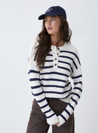 Twik Womens Striped Henley Shirt collar sweater