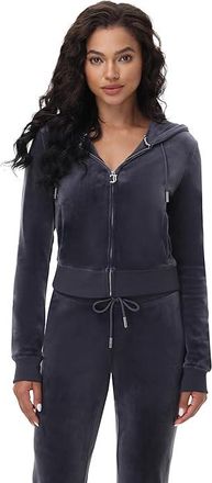 Juicy Couture Luxe Velour Juicy Hoodie with Back Bling Womens Sweater Titanium : LG (US 10-12), Polyester/Spandex/Velour