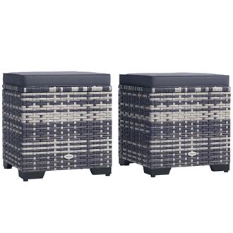 OUTSUNNY Set of 2 Rattan Footstool - Storage Ottoman w/ Cushions - Dark Grey | TJ Hughes