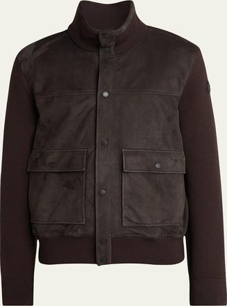 Moncler Mens Wool and Suede Snap-Front Cardigan