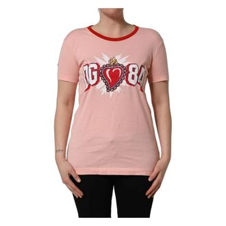 Dolce & Gabbana T-Shirts, female, Pink, Size: XS Graphic Print Cotton Crew Neck T-shirt