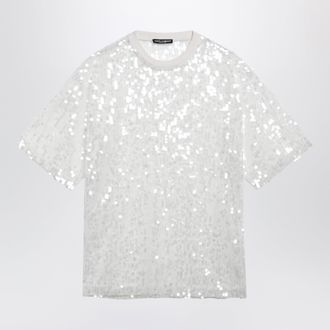 Dolce & Gabbana T-shirt girocollo in paillettes in poliammide bianco ottico