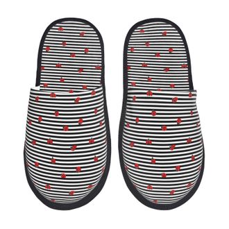 Generic Camping Slippers Ladybugs On Black And White Striped Breathable Slipper Portable Cotton Slipper For Home Women Winter M