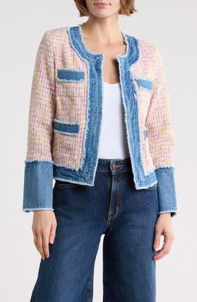 Nanette Lepore Denim Trim Boucl&eacute; Crop Jacket in Pink White Multi/Denim at Nordstrom Rack, Size Small