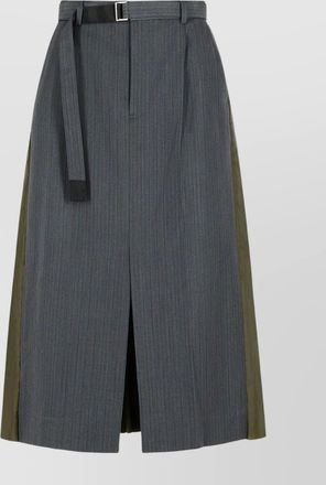 sacai wool blend pinstriped pleated midi skirt