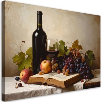 Feeby Cuadro Sobre Lienzo, Naturaleza Muerta Con Botella De Vino De Uva, 120x80