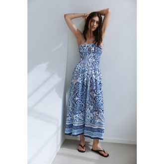 H&M Smocked Bandeau Dress in Blue/paisley at Nordstrom, Size Xx-Large