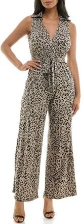 Nina Leonard Sleeveless Faux Wrap Jumpsuit in Black/mink Combo at Nordstrom Rack, Size X-Large