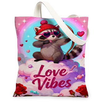 Generic ValentineS Day Raccoon Canvas Tote Bags, Adorable Animal Design Reusable Grocery Bags, Lightweight Washable Shoulder Strap, Peach, 13x15 Inch