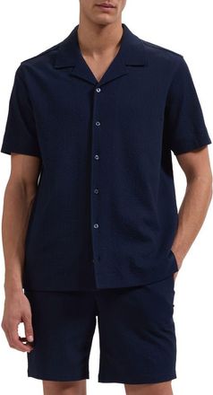 Bugatchi Seersucker Camp Shirt in Navy at Nordstrom, Size X-Large