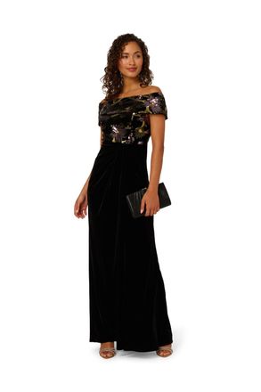 Adrianna Papell Womens Off Shoulder Gown - Black - Size 16 UK