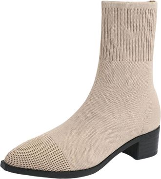 Generic Womens Sock Boots Knit Stretch Short Booties Stylish Solid Color Pointed Toe Breathable Chunky Heel Comfortable Slip On Ankle Boots Casual