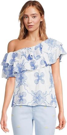 Lilly Pulitzer Trixie One Shoulder Ruffle Womens Clothing Sunwashed Blue Al Fresco Dot Embroidery : XXS, Cotton